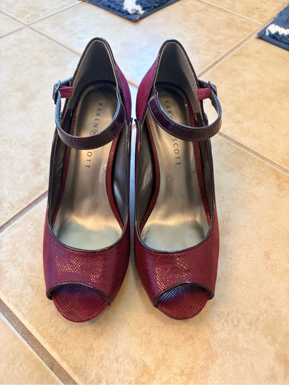 Karen Scott Burgundy Peep-Toe Ankle Strap Heels